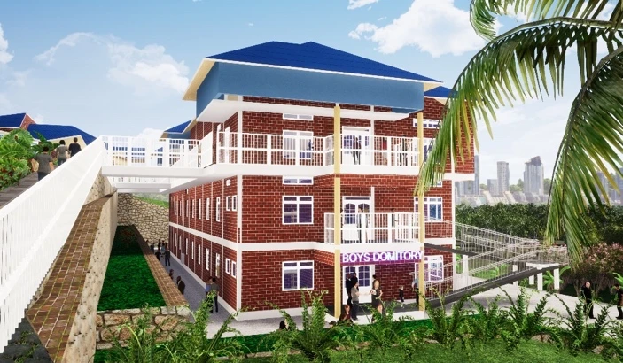 Architectural rendering of the boys' dormitory under construction